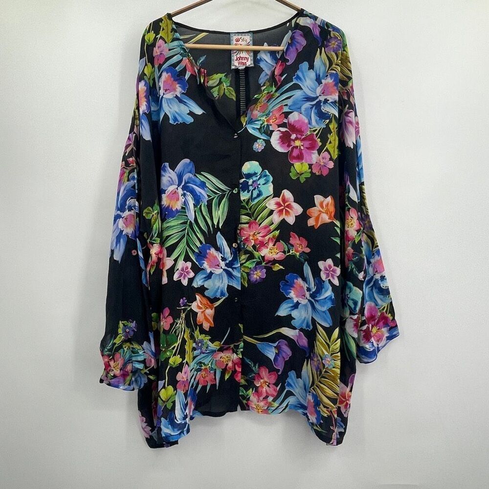 Johnny Was Black Floral V-Neck Blouse with Blue, Pink & Green Accents